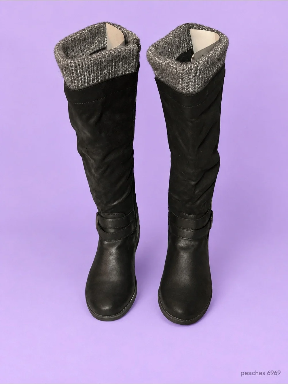 Gorgeous Wide calf Black Knee-high Boots with Gray Knit Cuff